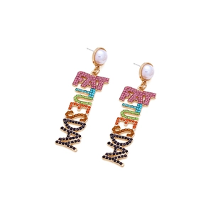 Colorful Fat Tuesday letter earrings with rhinestones and pearl studs for carnival fashion