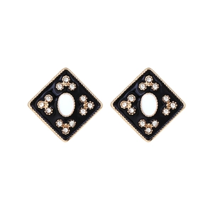 Retro geometric rhombus earrings with black enamel and clover-shaped diamond accents
