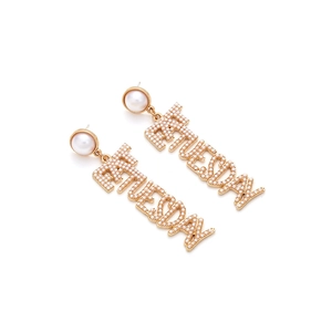 Macro detail of gold-plated Tuesday letter earrings with micro-pearl inlay and studs