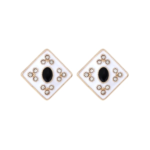 Retro geometric square stud earrings with white enamel and black oval center stone