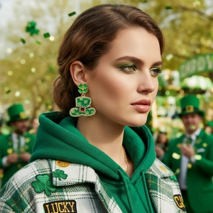 St Patrick Day Shamrock Hat Drop Earrings Zinc Alloy Enamel Rhinestone With Stainless Steel Earring Post For Women