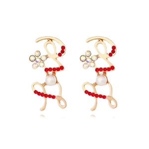 Chic 2024 gold alloy earrings with red rhinestones and white pearls in symmetric design