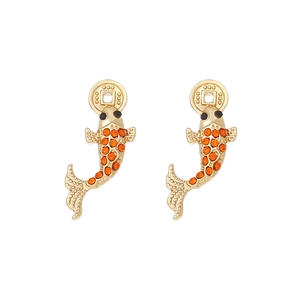 Retro Chinese style koi fish earrings with orange rhinestones and coin charms
