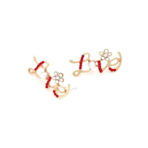Chic gold LOVE stud earrings with red crystals, small pearls, and rhinestone floral accents