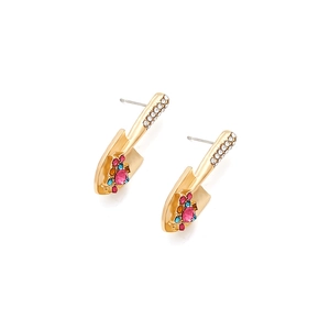 Detailed close-up of golden shovel earrings featuring colorful rhinestones and pearls