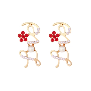 Golden LOVE letter earrings with red crystal flower and elegant white pearls decoration
