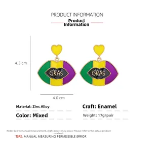 Detail view of Mardi Gras lip earrings in green gold purple with size measurement