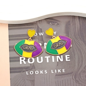 Mardi Gras themed lip earrings with GRAS lettering and heart studs in festive enamel