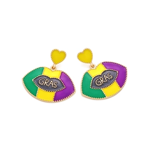Detail of Mardi Gras lip earrings with green yellow purple enamel and GRAS lettering
