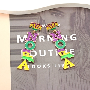 Mardi Gras themed NOLA letter earrings with colorful jester hat and enamel gold finish