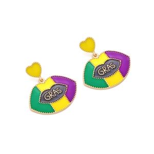Mardi Gras lip earrings with green yellow purple enamel and gold GRAS lettering heart hook