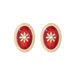 Vintage Court Style Oval Stud Earrings For Women Zinc Alloy Enamel Floral Design With Rhinestone French Retro Jewelry