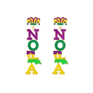 Colorful Mardi Gras NOLA crown drop earrings with purple green and gold enamel finish