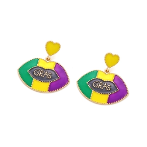 Macro detail of Mardi Gras lip drop earrings with GRAS lettering in green yellow and purple