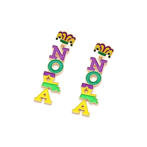 Detail of Mardi Gras earrings featuring NOLA letters and crown with purple green enamel