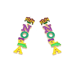Colorful NOLA Mardi Gras drop earrings with crown detail and Louisiana map outline