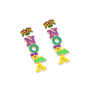 Detail of Mardi Gras long earrings with NOLA letter design and colorful jester crown charm