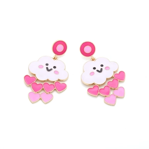 Cute gold alloy cloud and heart drop earrings with pink enamel smiley face detail