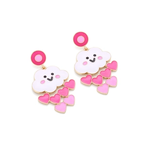Cute cloud and pink heart drop earrings with smiley face design on a white background