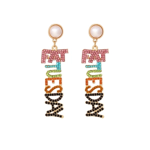 Sparkly Fat Tuesday rhinestone letter earrings with faux pearl accent on gold base