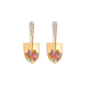 Creative gold shovel earrings with faux pearls, rhinestones and colorful crystals