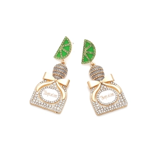 Sparkling rhinestone Tequila bottle earrings with green lime slice and gold bow