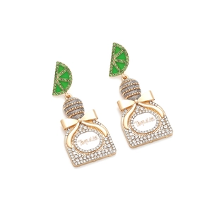 Fashion tequila bottle earrings with green lemon slice and sparkling crystals in gold finish