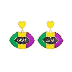 Mardi Gras themed heart and lip earrings with green yellow purple stripes and GRAS text
