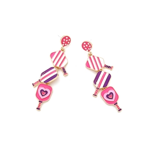 Sweet layered heart and racket earrings with pink polka dots and colorful drip oil stripes