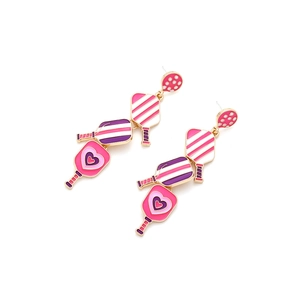 Detail of pink and purple pickleball paddle earrings with heart and stripe enamel patterns