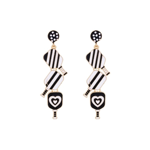 Detail view showing multi-layer alloy tennis racket earrings with heart patterns