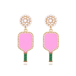Orecchini Pendenti Con Racchetta Da Pickleball Con Lega Smalto Perla Artificiale Grappolo Fiore Gioielli Di Moda Sportiva Per Donne