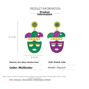 Size specifications of carnival clown earrings with green and purple enamel and pearls