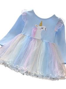 Robe bleue à manches longues pour filles avec licorne et jupe en tulle arc-en-ciel