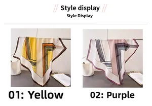 Style display showing geometric color block patterns on yellow and purple square scarves