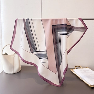 Geometric color block herringbone pattern cotton linen feel square scarf for women in pink