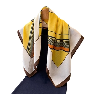 Modern geometric color block silk-like scarf with herringbone stripes in yellow and brown