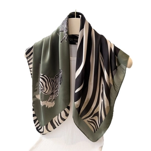 Contrast zebra print satin silk square scarf in olive green and black animal pattern