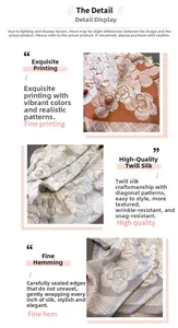 Detailed view of floral twill silk scarves showing fine printing and rolled edges