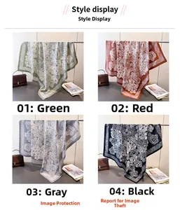 Detail display of vintage floral patterns on four colors of high-quality silk scarves