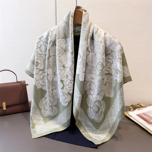 Women Square Scarf Satin Like Polyester Vintage Floral Print Camellia Shawl Headscarf Elegant Fashion Lightweight