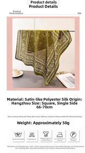 Detail view of olive green floral silk scarf with white dots and washing instructions