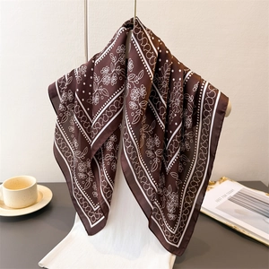 Elegant silk-like large square scarf with white floral and paisley print on dark brown