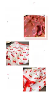 Detailed close-up of cherry print silk scarf fabric texture and precision stitching