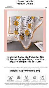 Detailed view of floral polka dot satin silk scarf with specific size and material info