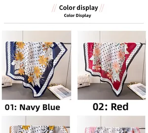Detail view of floral polka dot silk scarves with navy and red border options