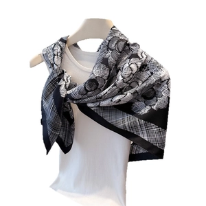 Elegant black and white floral silk scarf shawl with classic geometric pattern print