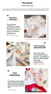 Vue détaillée du foulard en soie florale montrant l'impression et l'ourlet rouge fin