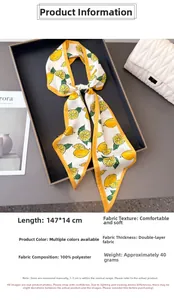 Detail of lemon print double-layer skinny scarf showing 147x14cm size and polyester fabric
