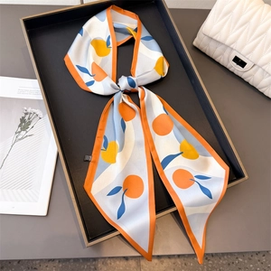 Summer silk feel skinny scarf with orange lemon pattern in light blue and orange border